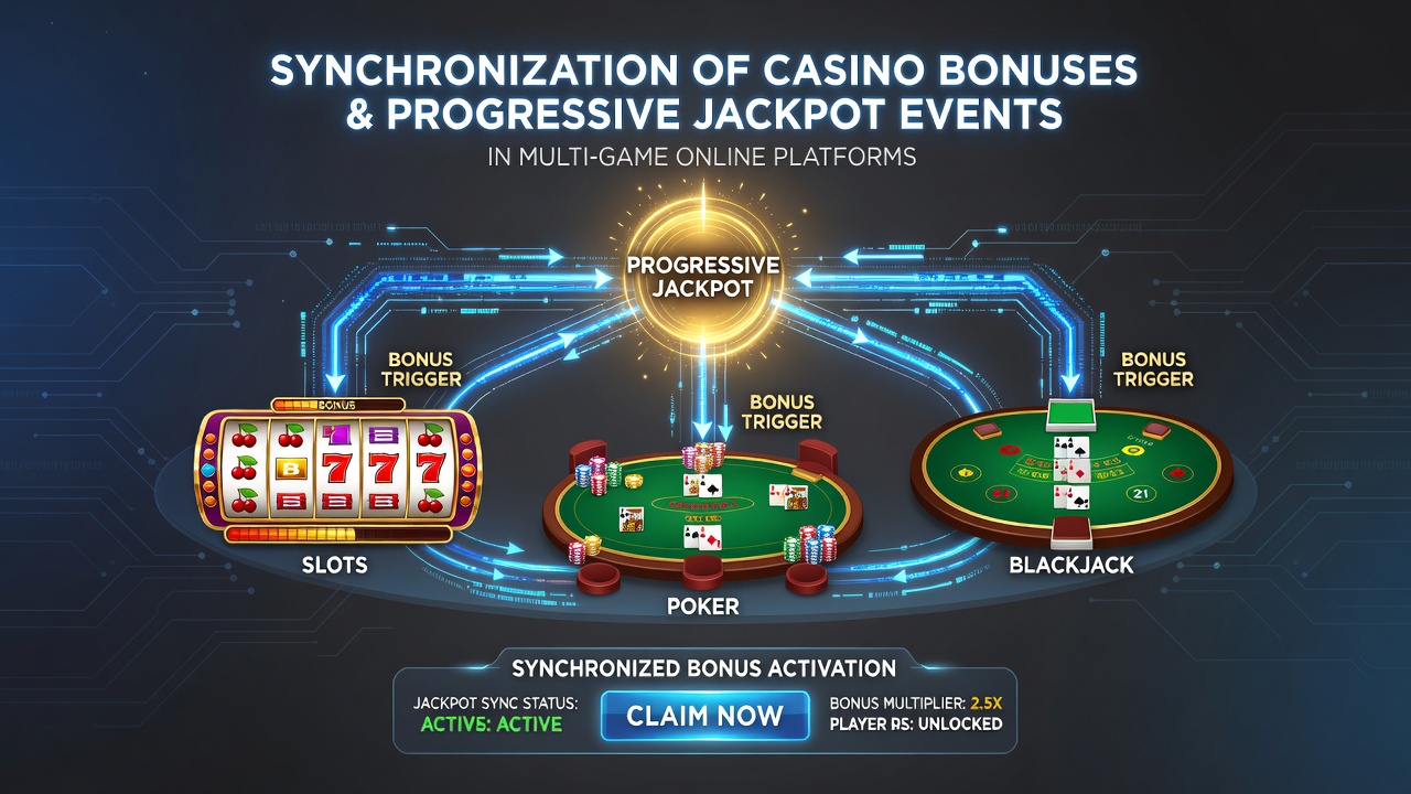 Network diagram illustrating data flow between bonus management modules and progressive jackpot servers in multi-game environments
